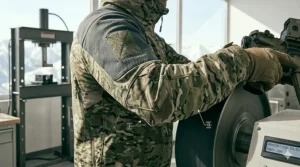 Diagram showing the articulated sleeve design of a special forces jacket for full range of motion in combat scenarios.