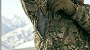 Illustration of zippered underarm vents on a special forces jacket to allow for maximum airflow during high-intensity activity.