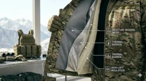 Cross-section illustration showing the moisture-wicking thermal lining of a cold-weather special forces jacket.