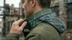 Detailed sketch of a civilian tactical jacket featuring a roll-away stowable hood inside a stand-up collar.