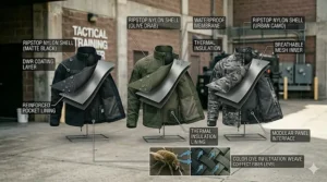 Lineup of a SWAT tactical jacket shown in different colors including olive drab green, navy blue, and urban camouflage.