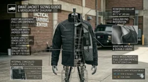 Graphic highlighting the internal concealed carry pocket built into a law enforcement tactical jacket.