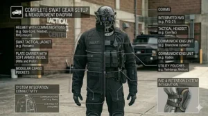 Vector illustration of a full police uniform featuring a SWAT tactical jacket paired with combat pants and a helmet.