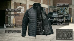 Illustration of a 3-in-1 SWAT tactical jacket with a detachable fleece inner liner for cold weather.