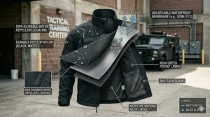 Close-up infographic detailing the waterproof and ripstop fabric layers of a SWAT tactical jacket.