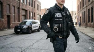 An operational photograph in a full dynamic pose demonstrating how the jacket integrates seamlessly with a loaded duty belt for unobstructed access to gear.