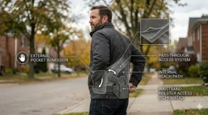 Technical drawing highlighting the pass-through pockets on a tactical jacket, allowing a civilian to access a waist-band holster seamlessly.