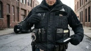 A detail shot featuring numerous open front utility pockets demonstrating specialized internal organization for gear like handcuffs, a smartphone, and spare magazines.