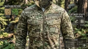 Diagram of a MultiCam tactical jacket highlighting zippered chest pockets and bicep utility pouches for gear storage.