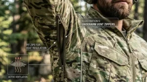 Detail shot of underarm pit zips on a MultiCam jacket for heat regulation during high-activity use.