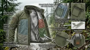 Top-down view illustration mapping out the internal and external storage pockets of a military spec tactical jacket.