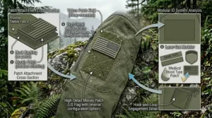 Detailed view of the hook-and-loop Velcro patches on the sleeves of a military spec tactical jacket for ID and morale patches.