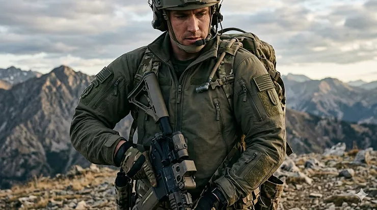A high-performance special forces jacket in olive drab, featuring reinforced elbows and multiple utility pockets for tactical use.