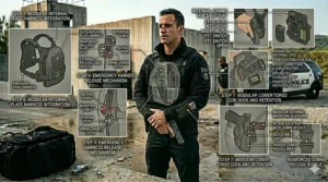 Lifestyle illustration of a plainclothes officer wearing an undercover concealed carry police jacket for civilian-blend operations.