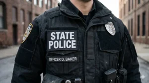 A photorealistic close-up of large, rectangular black hook-and-loop ID panels on the chest featuring "STATE POLICE" and "OFFICER D. BAKER" patches.