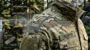 Illustration of water beads shedding off the DWR-treated surface of a MultiCam tactical softshell jacket.