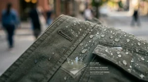 Close-up illustration of the water-resistant breathable fabric layer on a civilian tactical jacket.