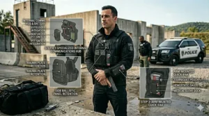 Technical layer breakdown of the waterproof and windproof fabric used in a heavy-duty concealed carry police jacket.