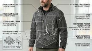 An annotated illustration showcasing the water-resistant, windproof, and durable material features of a modern civilian concealed carry jacket.