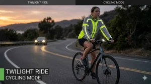 A highly detailed, 4K photorealistic illustration of a female cyclist wearing a grey and neon yellow 360-degree reflective jacket during a twilight ride on a coastal road, with a split-panel presentation showing different angles.