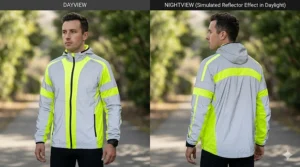 A side-by-side comparison of how the 360-degree reflective jacket looks during the day versus a simulated reflection effect in the daylight.
