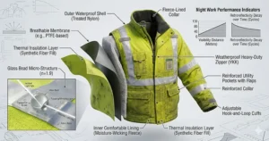 Infographic labeling essential features of a night work safety jacket, including waterproof fabric, mic tabs, and heavy-duty zippers.