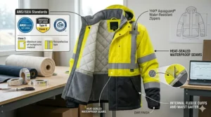 Infographic displaying safety compliance badges for an ANSI Class 3 high visibility insulated waterproof work jacket.
