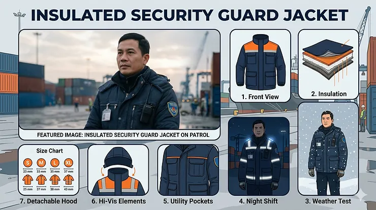 A high-quality black insulated security guard jacket featuring a prominent yellow security patch on the back.