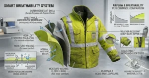 Illustration highlighting airflow pathways and mesh ventilation panels on a lightweight reflective jacket designed for warm night work environments.