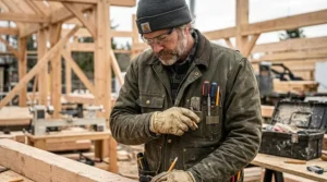 Graphic illustration of a carpenter reaching for a pencil in a utility work jacket with tool pockets.