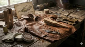 Illustration of daily leather welding jacket maintenance showing a worker using a soft-bristled brush to remove slag and soot particles from the sleeves.