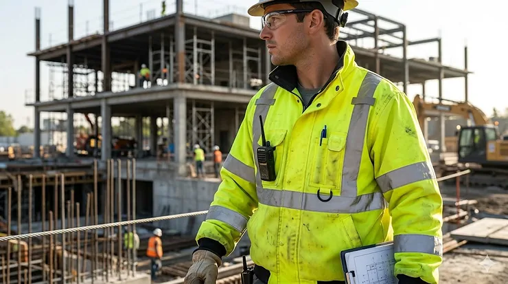 A construction worker wearing a high-visibility yellow jacket on a commercial building site