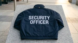 Back view of a heavy-duty security officer jacket with bold, white embroidered security text across the shoulders.
