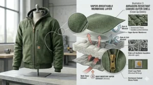 Close-up graphic highlighting the tear-resistant canvas material of a rugged insulated work jacket for men.