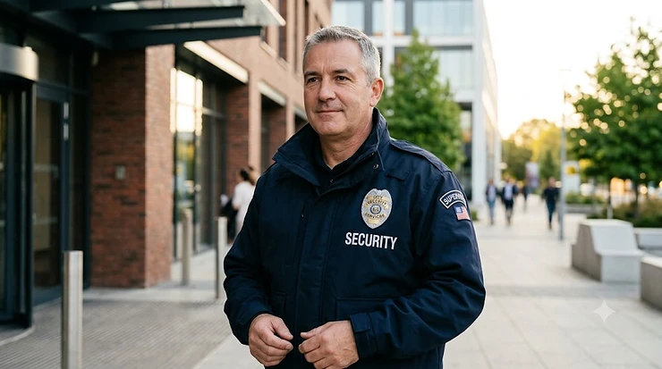 Professional security guard wearing a custom embroidered security guard jacket with a company logo.