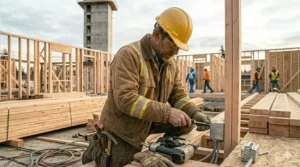 An exact composition replication of a tradesman in a heavy utility jacket using a screwdriver on an electrical conduit box amidst a busy open-air framing site.