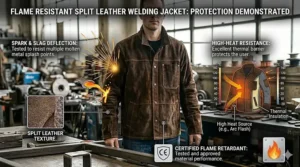 Graphic showing how a flame resistant split leather welding jacket deflects molten slag and high-heat sparks.