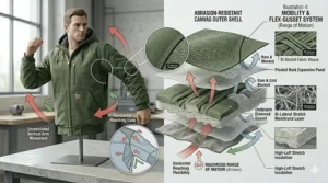 Visual showing the flexible back panels and underarm gussets of a men's industrial winter coat for better movement.
