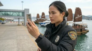 An active security guard responding to an event while wearing a lightweight, flexible puffer jacket designed for mobility.