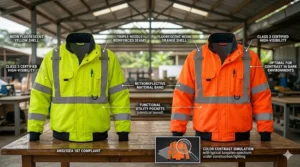 Color comparison chart showcasing neon lime yellow and fluorescent orange high-visibility jackets