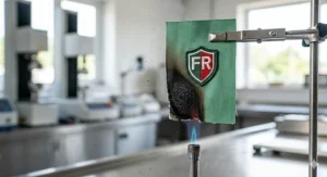 A safety demonstration showing FR cotton material charring but not catching fire when exposed to a direct flame.
