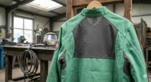 A detailed shot of the mesh back and underarm vents on an FR cotton jacket, designed to improve airflow and comfort.
