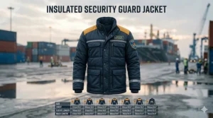 A high-definition illustrative front view of a navy blue insulated security guard jacket with yellow shoulder yokes, featuring multiple pockets and a detailed size chart below, set against a blurred background of a cold-weather port with shipping containers.