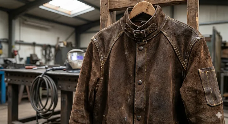 A close-up view of a rugged, thick brown leather welding jacket with visible reinforced stitching and snap closures. leather welding jacket vs FR cotton