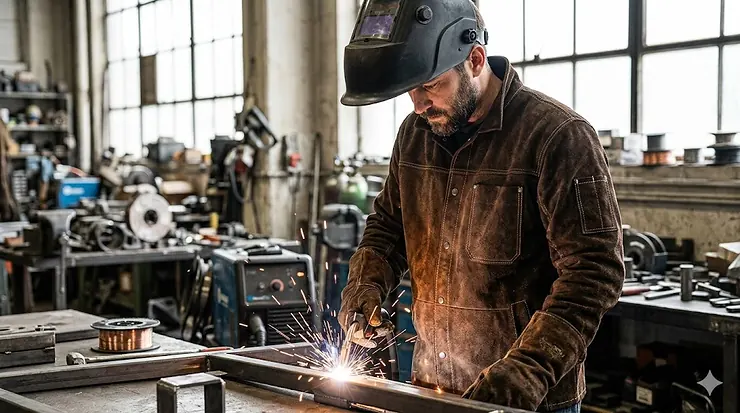 Professional welder wearing a heavy duty cowhide split leather welding jacket while working in a fabrication shop.