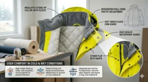 Technical product layout showcasing the adjustable storm hood, zippered pockets, and hook and loop cuffs on a fluorescent rain coat.