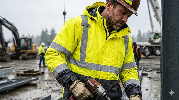 A bright yellow insulated hi-vis rain jacket with reflective strips on the front and sleeves. hi-vis rain jacket insulated