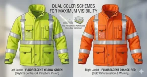 Vector illustration displaying a yellow and an orange reflective safety jacket for night work to showcase available high-visibility color schemes.
