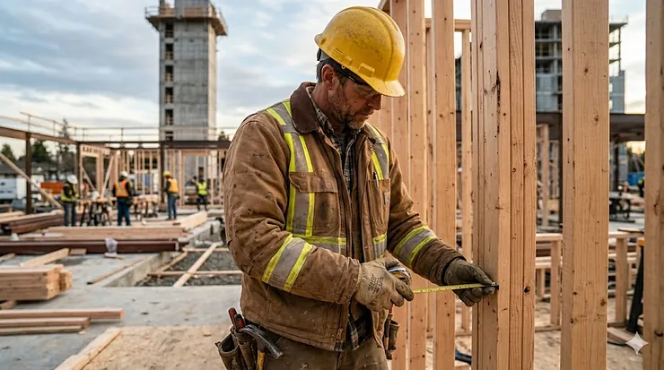 Side profile view of a construction worker wearing a heavy-duty, weathered brown work jacket with neon yellow reflective safety bands, utilizing a tape measure on a wooden stud frame.