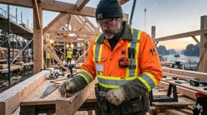 Reflective high-visibility work jacket with tool pockets designed for roadwork and night safety.